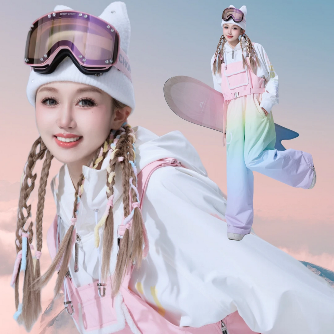 CHOPCHOP Rainbow Bunny Gradient Waterproof Snow Hoodie and Bibpants