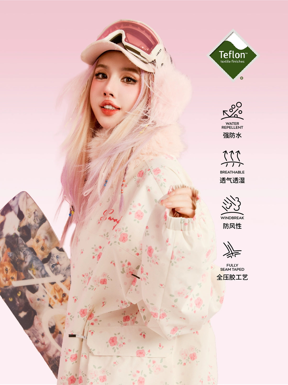 End of Season Sale - Swagli Floral Pattern with Fur Collar Snowboarding Suit