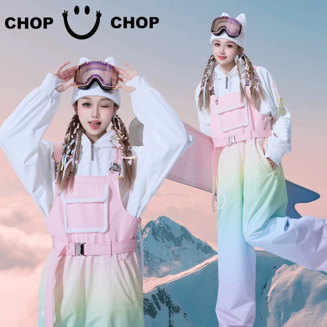 CHOPCHOP Rainbow Bunny Gradient Waterproof Snow Hoodie and Bibpants | Snow Suits | 彩虹 | Rico’s Snow Boutique