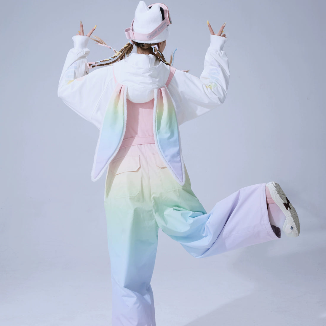 CHOPCHOP Rainbow Bunny Gradient Waterproof Snow Hoodie and Bibpants